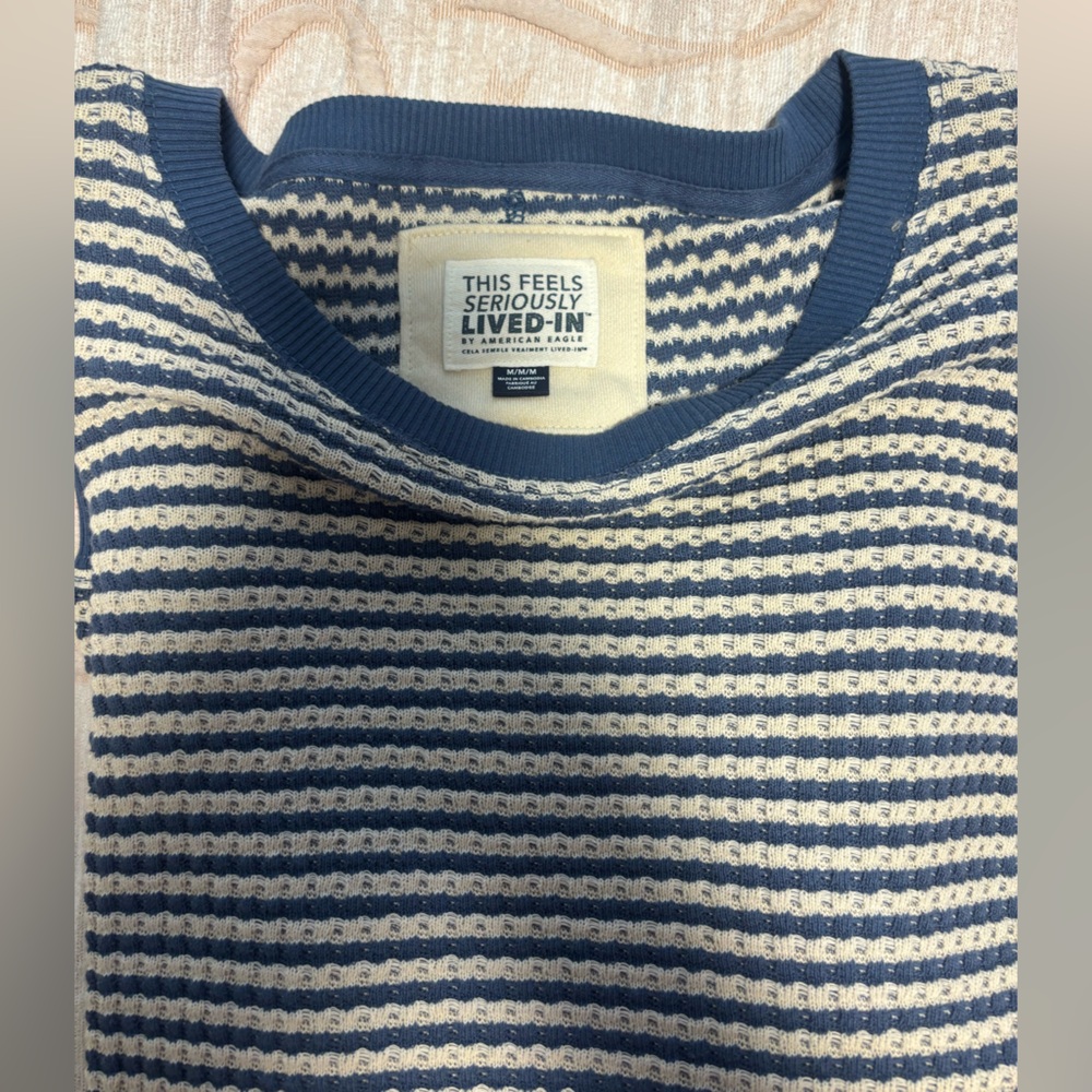 American Eagle Blue and Cream Waffle Knit Crewneck Sweater